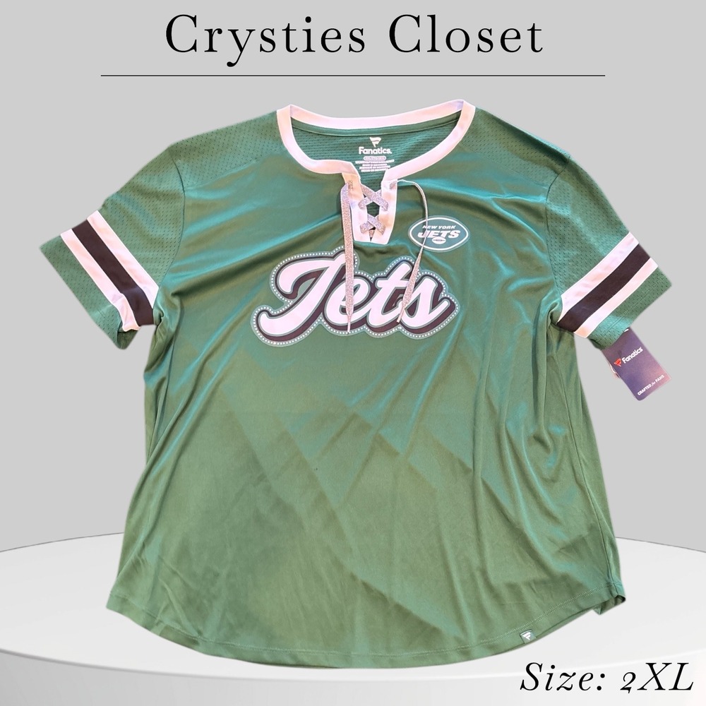 New York Jets Women's True Catch Iconic Rhinestone Bling Lace-Up T-shirt Green